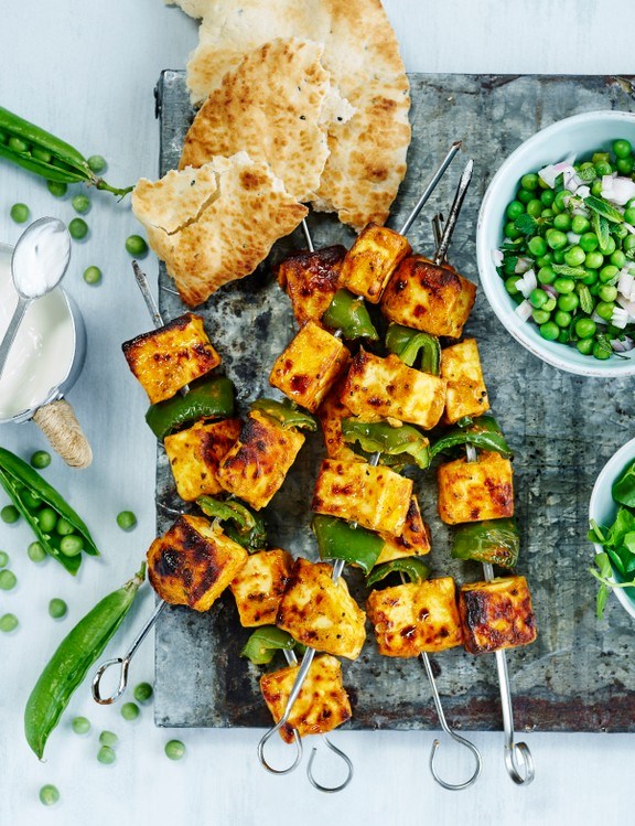 Paneer tikka with pea and mint relish