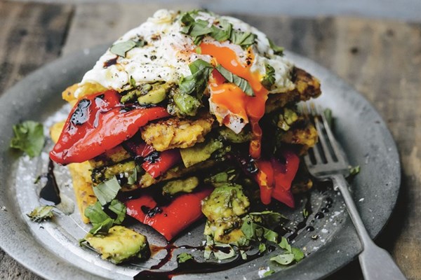  Panelle with grilled Romano peppers, avocado and egg