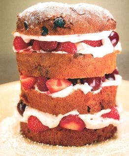 Panettone and mascarpone cake with berries and cherries