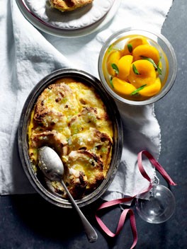 Panettone bread and butter pudding with poached peaches