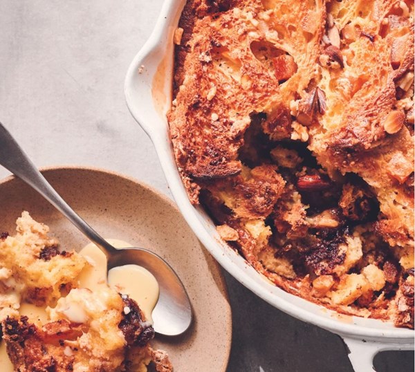 Panettone bread and butter pudding with marmalade custard