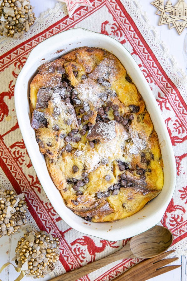 Panettone bread and butter pudding with vanilla and chocolate