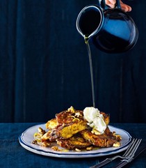 Panettone French toast with maple syrup, mascarpone and walnuts