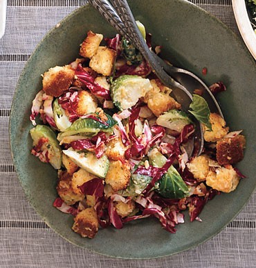 Panettone panzanella with pancetta and Brussels sprouts