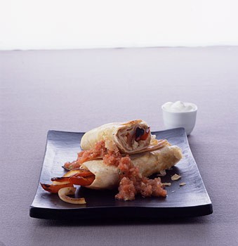 Panfried bean burritos with roasted tomato salsa