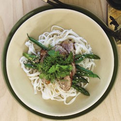 Panfried duck breast with rice noodles, asparagus and green beans