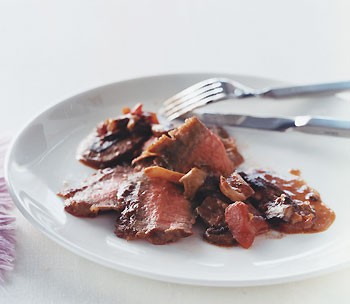 Panfried flank steak with mushroom ragout