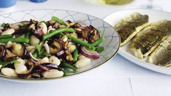 Panfried grey mullet with eggplant and bean salad