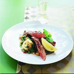 Panfried lamb fillets with eggplant & artichoke stew