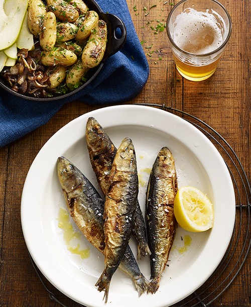 Panfried Pacific sardines, balsamic onions with pears, and roasted fingerling potatoes