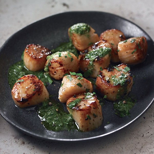 Panfried scallops with salsa verde (Capesante con salsa verde)