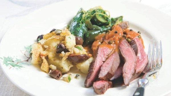Panfried skirt steak with green tomatoes, green peppercorns, brandy and cream