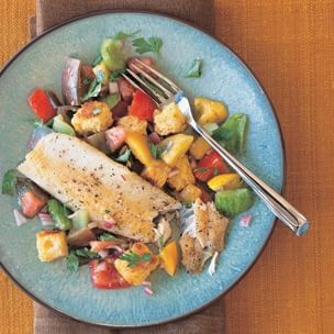 Panfried trout with warm corn bread salad