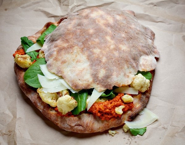Panino di pizza with cauliflower and romesco