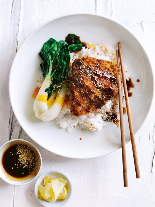 Panko-crumbed chicken with sticky soy and sesame rice