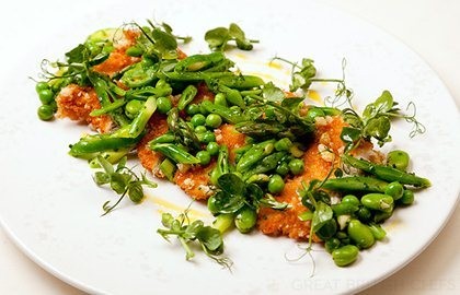 Panko-crumbed turkey salad of spring greens, honey and lavender dressing