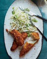 Panko-crusted chicken tenders with kholrabi slaw