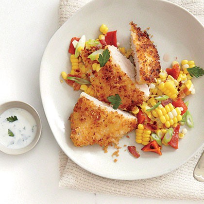 Panko-crusted chicken with roasted corn hash and buttermilk dressing