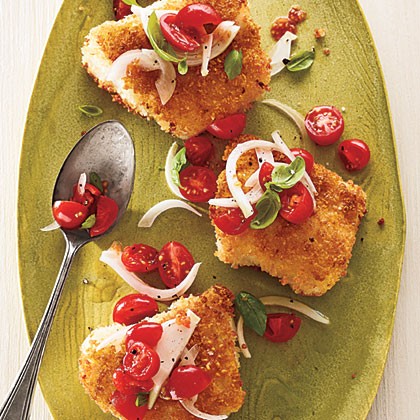 Panko-crusted cod with tomato-basil relish
