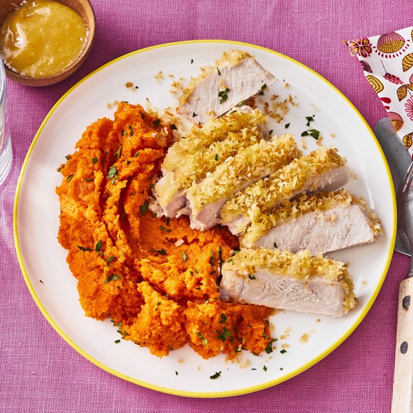 Panko-crusted pork chops with carrot mash