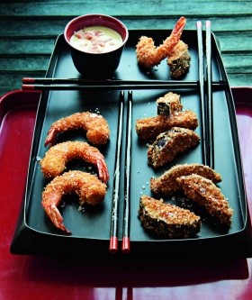 Panko-crusted prawns and aubergine bites with pickled ginger tartare