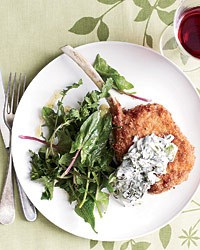 Panko-crusted veal chops with sorrel cream