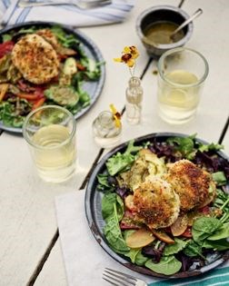 Panko-fried crab cakes with heirloom tomato, nectarine, and avocado salad