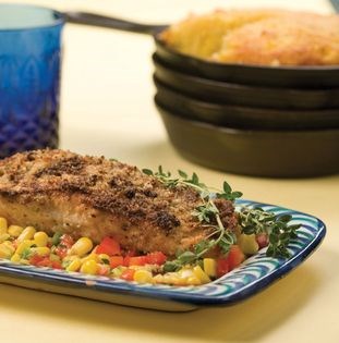 Panko-macadamia-crusted salmon with corn, pepper, and scallion salsa