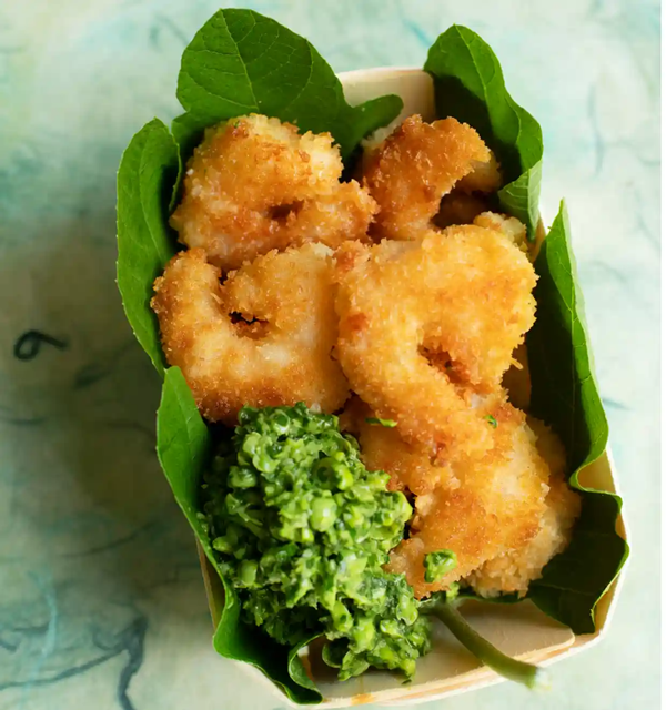 Panko prawns with pea and coriander chutney