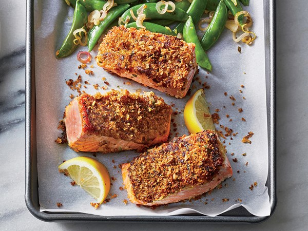 Panko salmon with snap peas