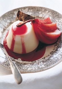 Panna cotta and poached pears in Merlot syrup