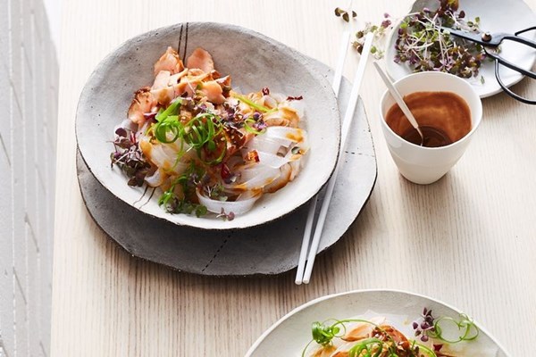 Pantry-glazed chilli salmon noodles