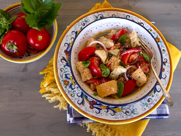 Panzanella with artichokes, black olives, and capers