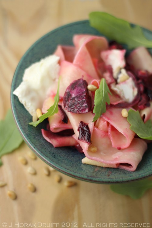 Papardelle with goat's cheese, beetroot, rocket and pine nuts