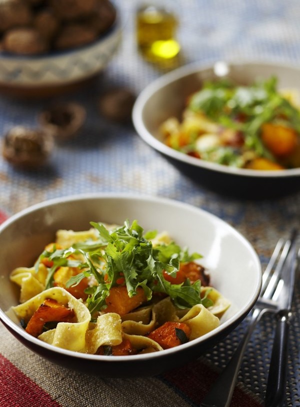 Papardelle with walnut pesto and roasted pumpkin