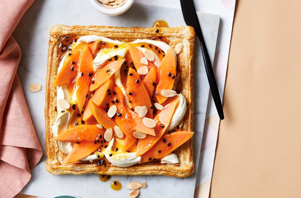 Papaya cheesecake galette with passionfruit toffee