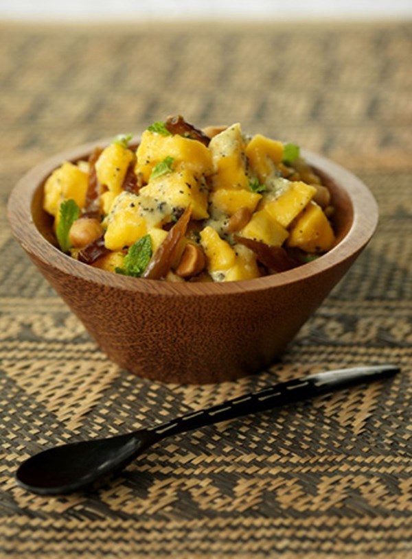 Papaya, date and macadamia nut salsa with papaya seed dressing