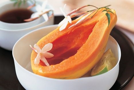 Papayas in jasmine flower syrup