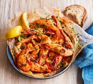 Paper bag prawns with sherry, chilli & garlic