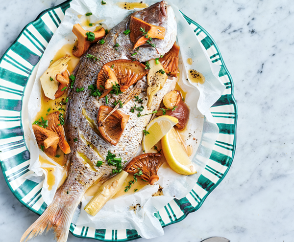 Paper-baked snapper with artichokes and mushrooms