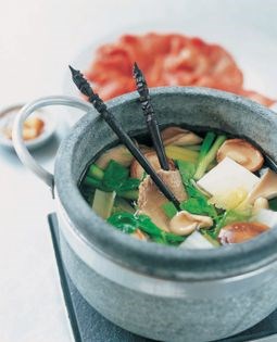 Paper-thin sliced beef cooked in stock (Shabu shabu)