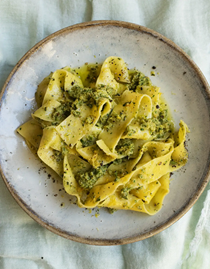 Pappardelle, green olives and basil