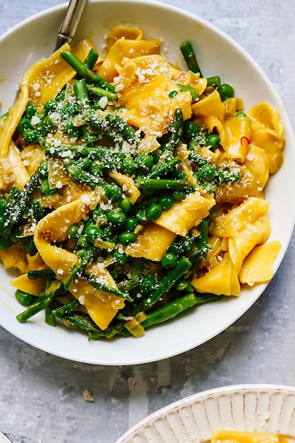 Pappardelle with asparagus, peas, and saffron