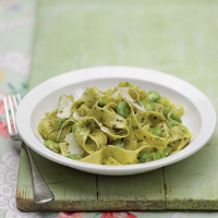 Pappardelle with broad beans and green chilli and pecorino pesto