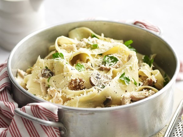 Pappardelle with chicken and creamy mushroom sauce