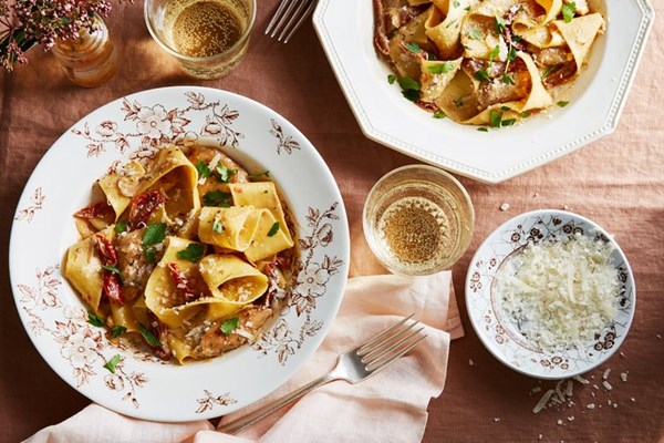 Pappardelle with chicken and lemon-anchovy cream sauce 