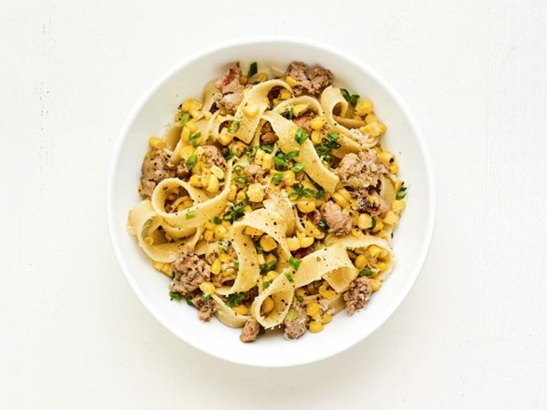 Pappardelle with corn and hot sausage 
