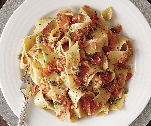 Pappardelle with creamy smoked salmon, caper, and dill sauce