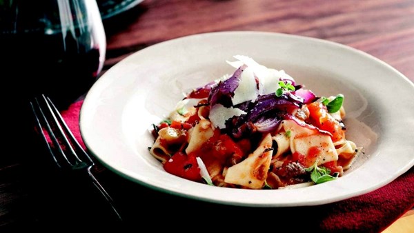Pappardelle with eggplant and roasted onions