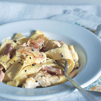 Pappardelle with ham and monkfish
